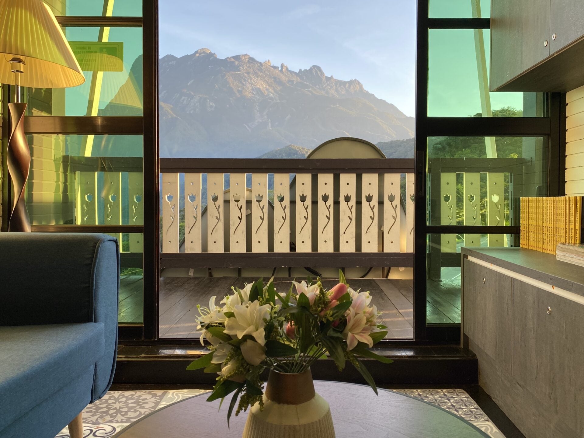 View of mountains through a patio.