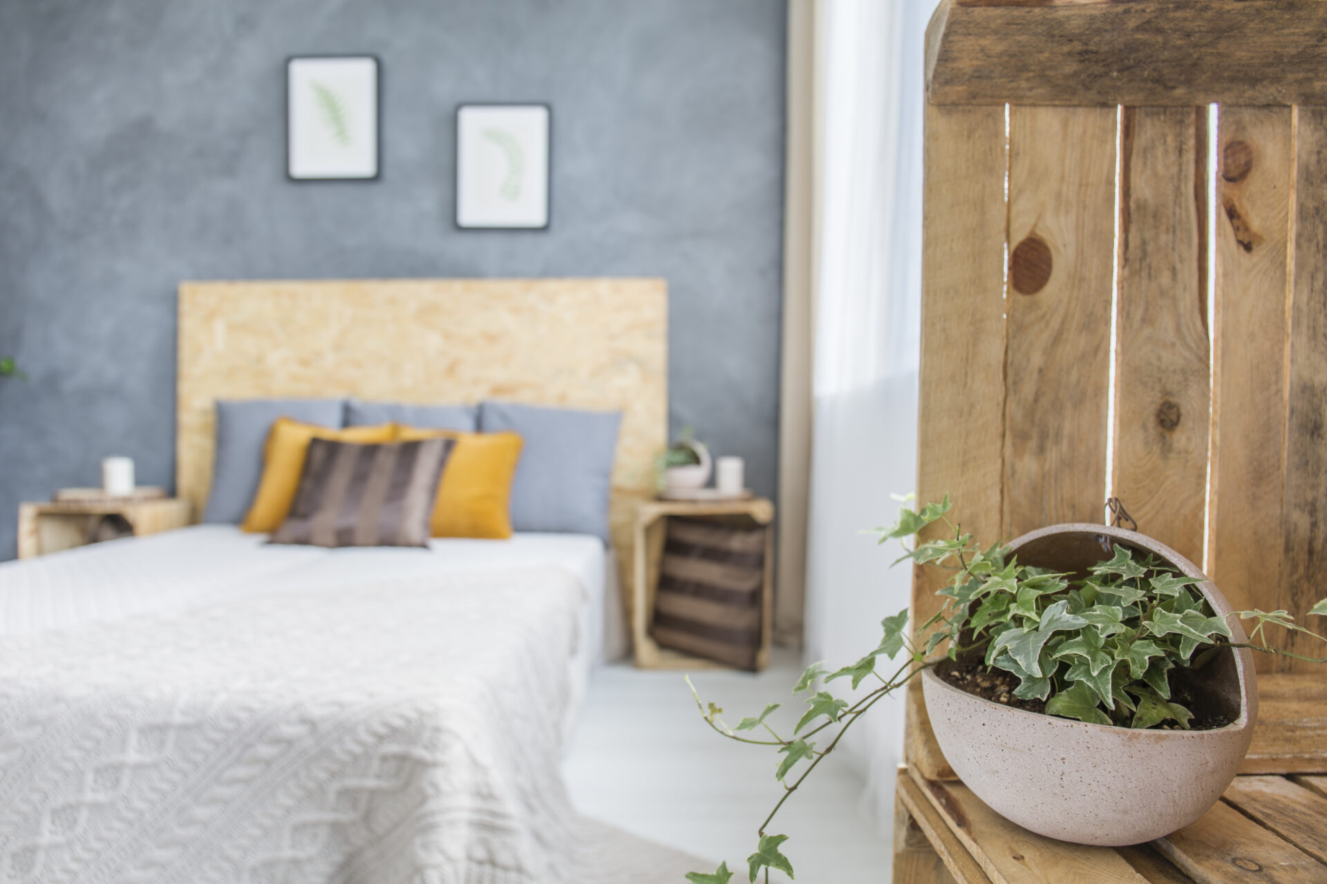 Bedroom with concrete wall and decorative ivy