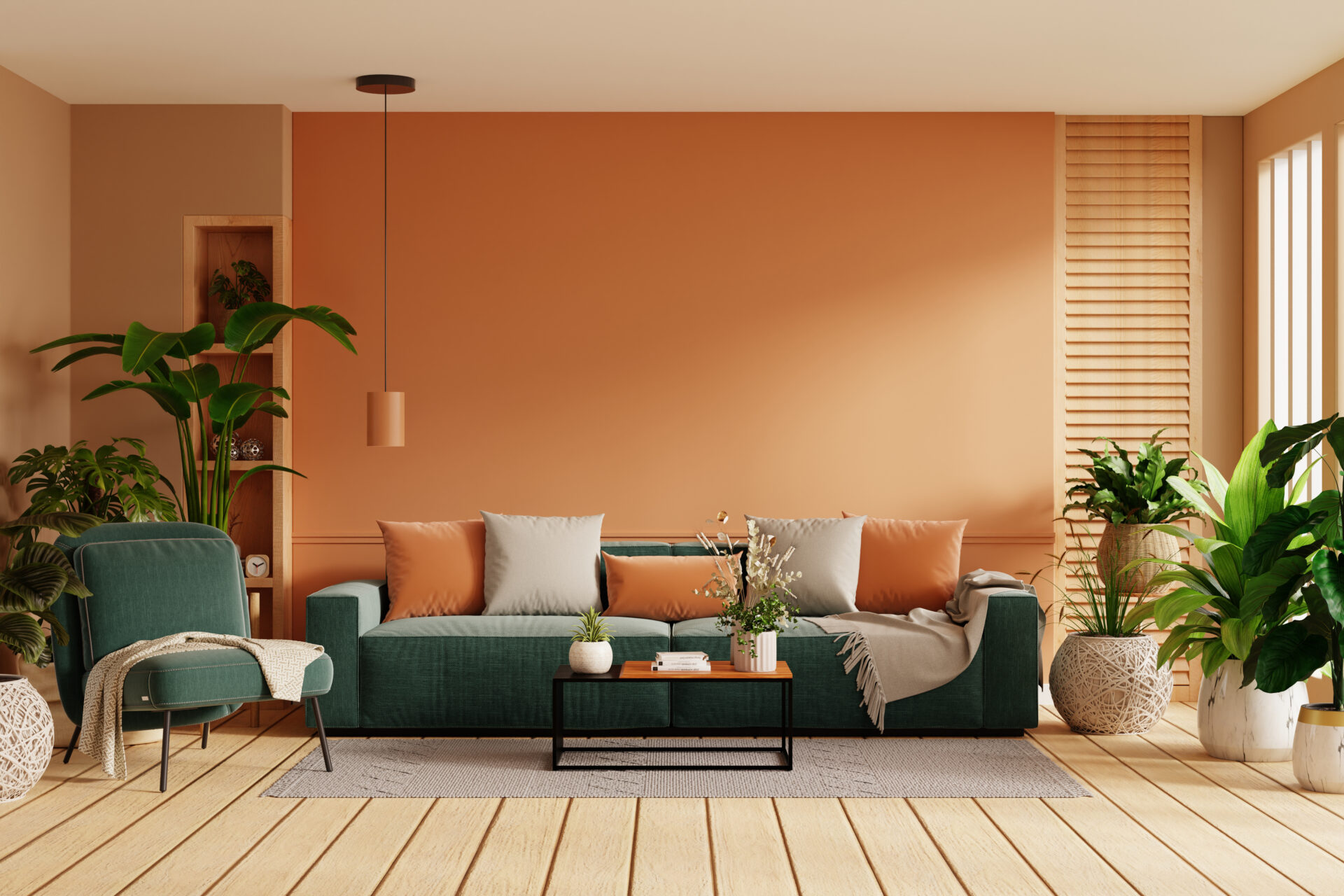 Home interior with green armchair and sofa on empty orange wall background,Minimal room- 3D rendering