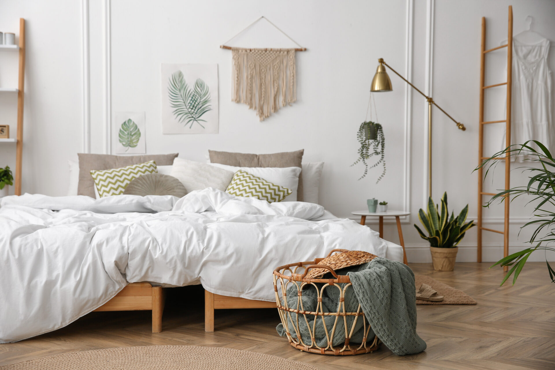 Modern bedroom with beautiful fresh house plants