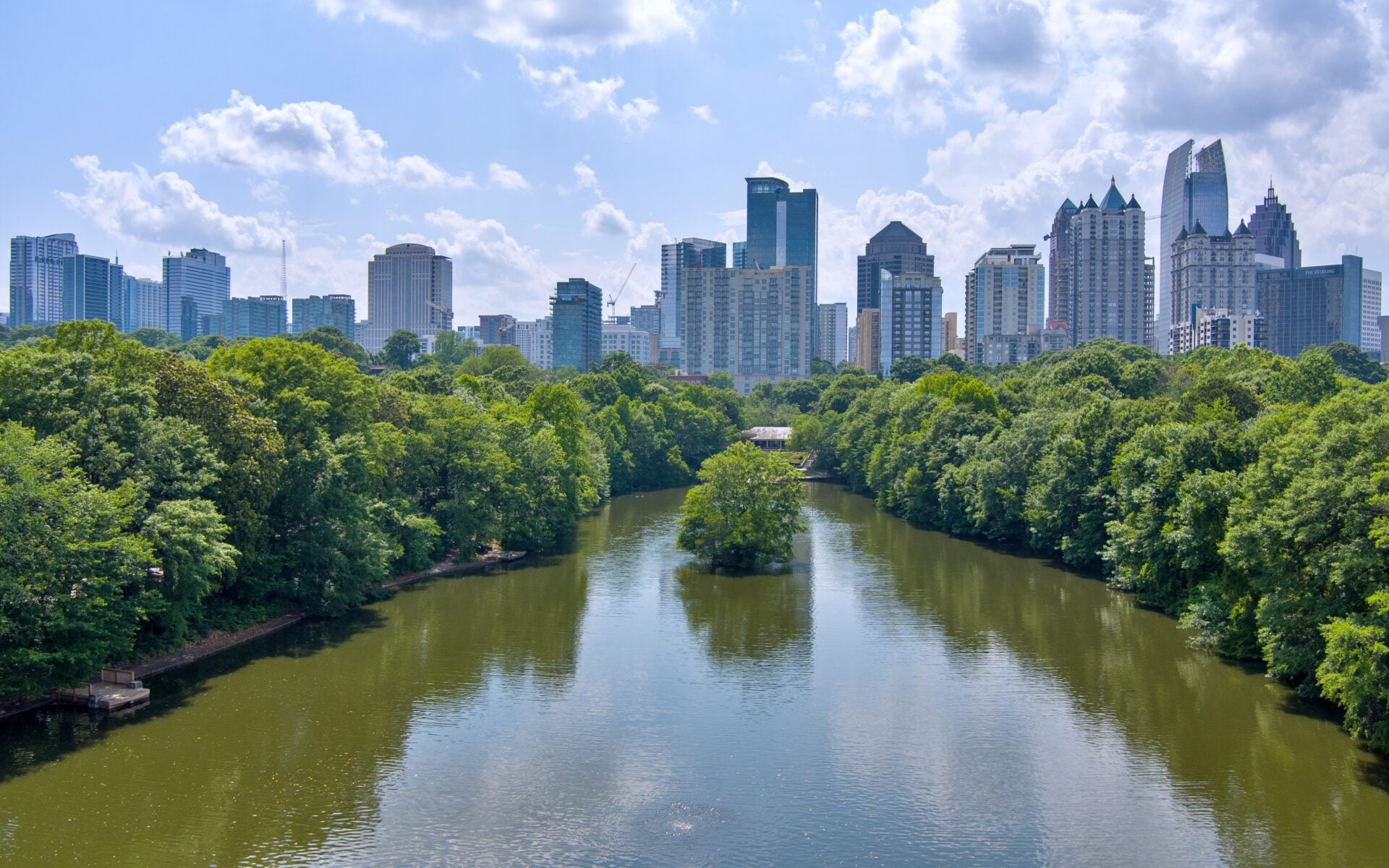 Aerial view of the Atlanta, Georgia midtown skyline from Piedmont Park