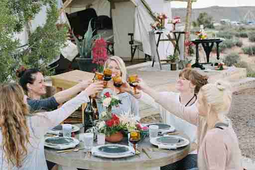 A group of friends at a glamping site