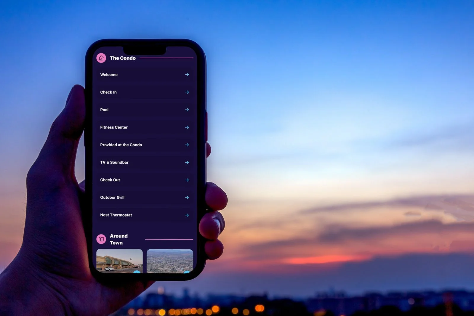 Hand holding a phone using the Welcora app